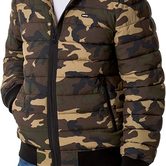 Levi's Mens Stretch Polyester Quilted Puffer Hoodie Jacket Camouflage Camo Small - Picture 8 of 9